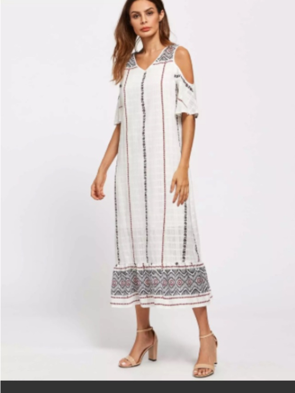 Cold-Shoulder White Embroidered Midi Dress with Black & Red Trim